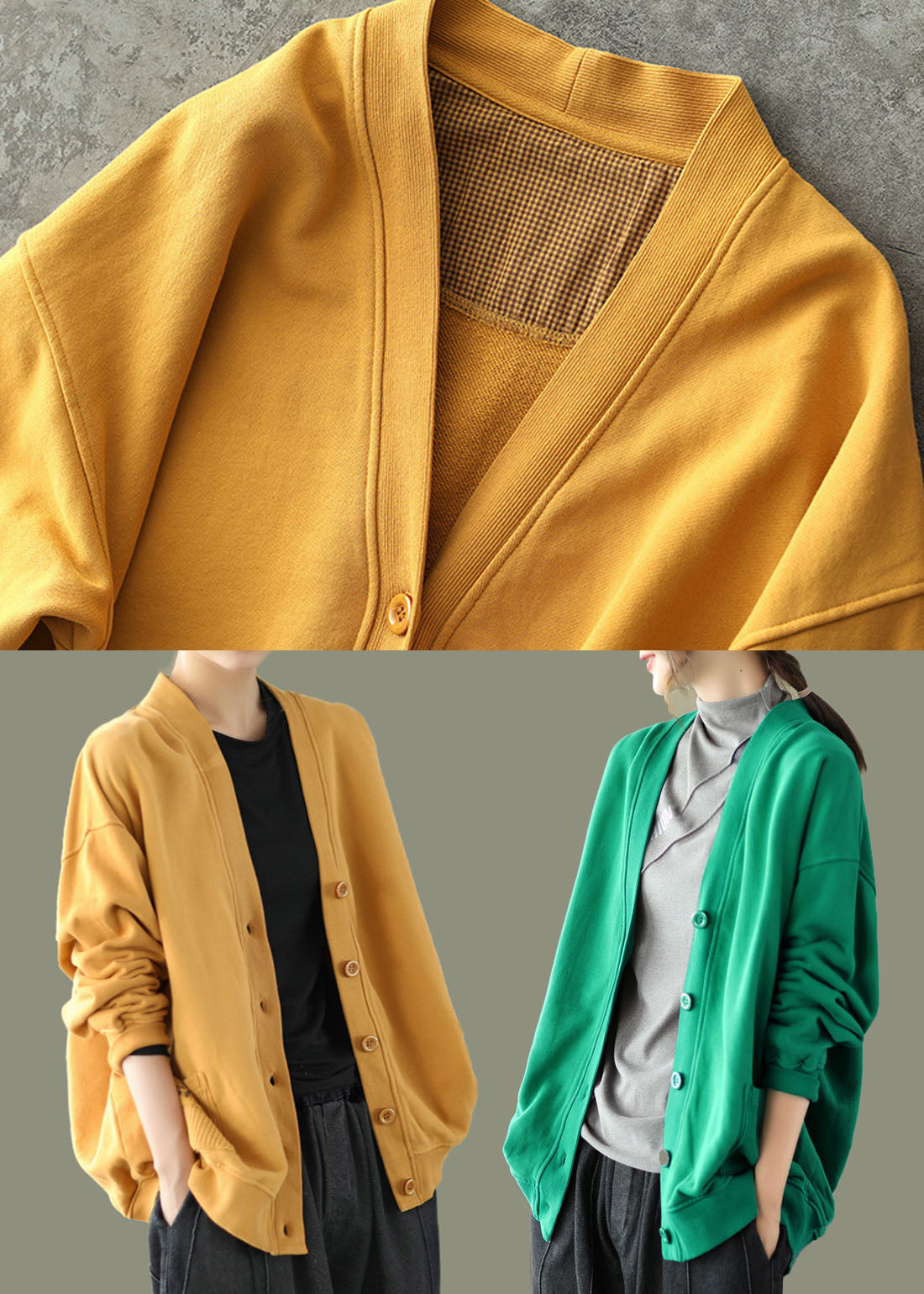 Yellow V Neck Pockets Coats Long Sleeve