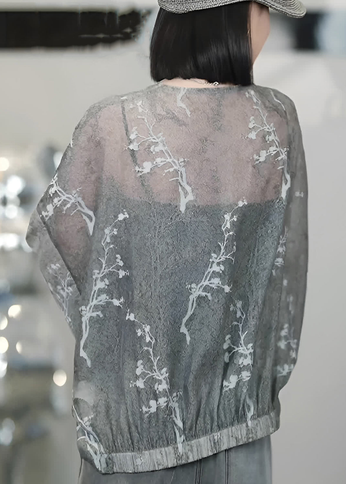 Vogue Grey V Neck Print Button Tulle Coats Batwing Sleeve