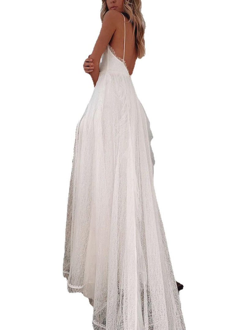 Fine White V Neck Side Open Lace Spaghetti Strap Dress Summer