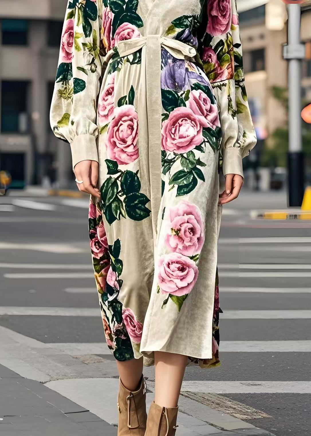 Apricot V Neck Print Silk Velvet Dress Spring