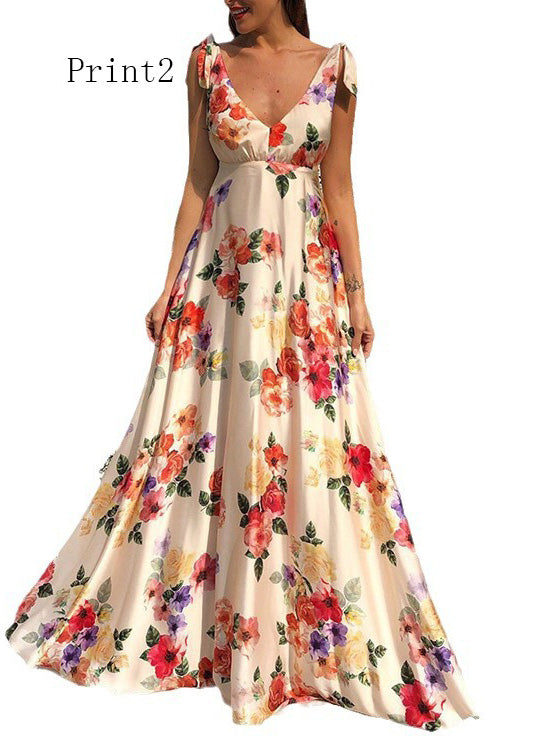 European and American Backless Print Dress Large Swing Sleeveless Design