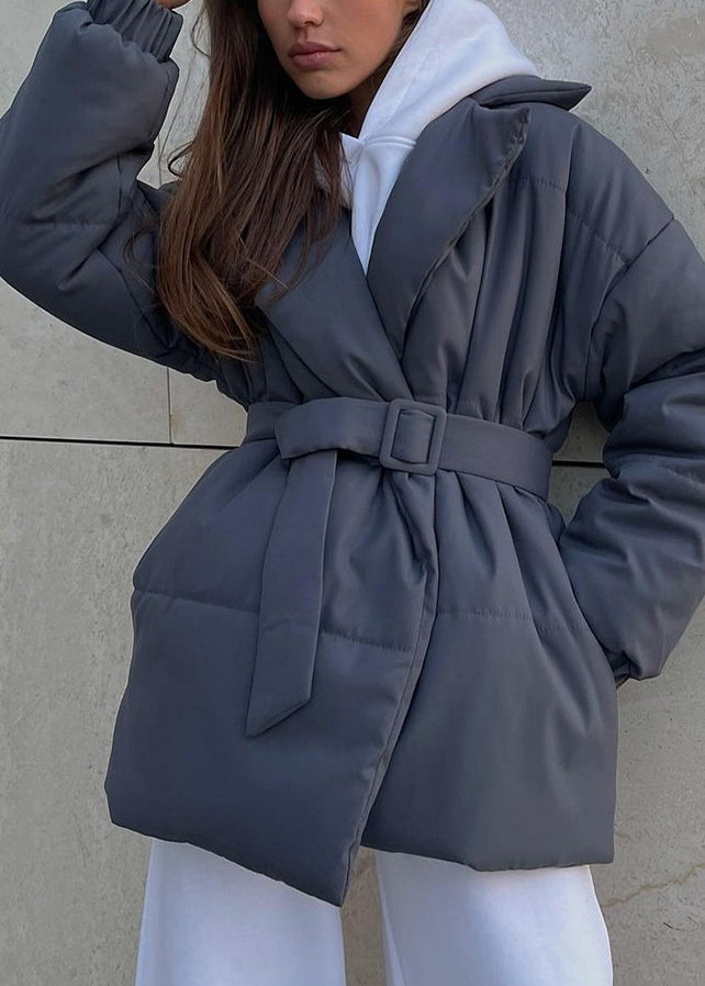 Grey Peter Pan Collar Tie Waist Fine Cotton Filled Coat Winter
