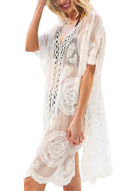 White V Neck Embroidered Hollow Out Lace Dresses Summer