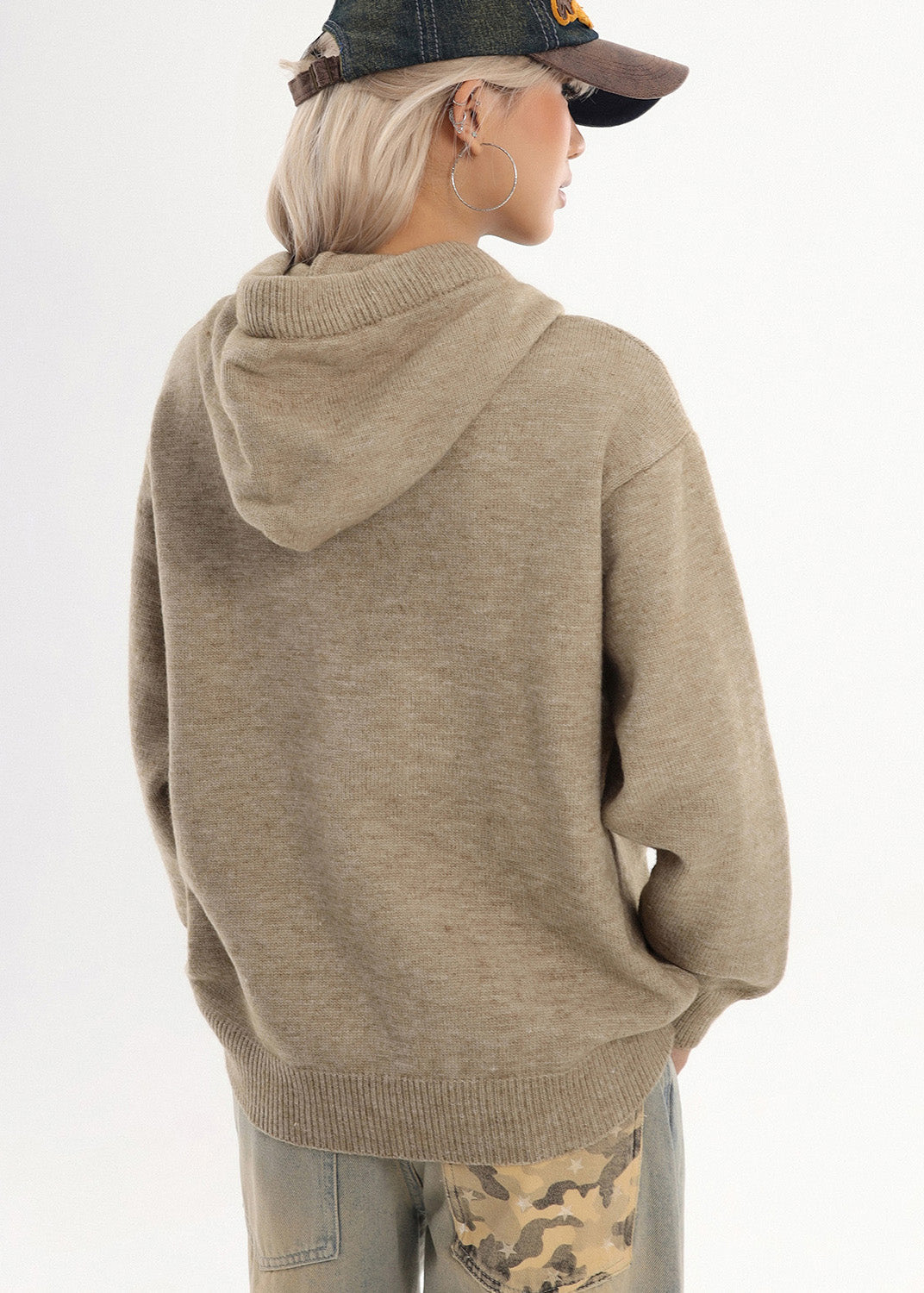 Coffee Hooded Embroidered Knit Sweatshirt Winter