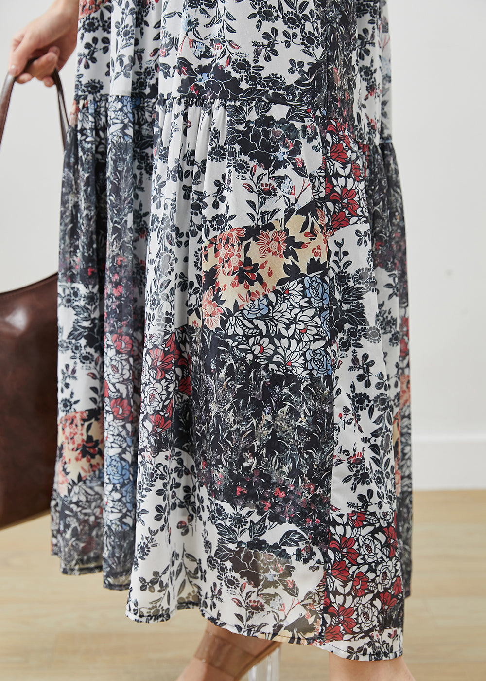 Black Print Exra Large Hem Chiffon Spaghetti Strap Dress Summer