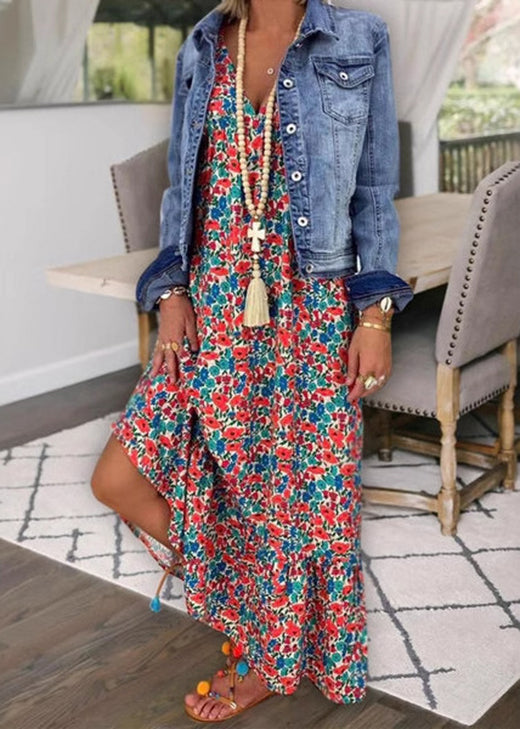 Blue V Neck Print Cotton Spaghetti Strap Dress Summer