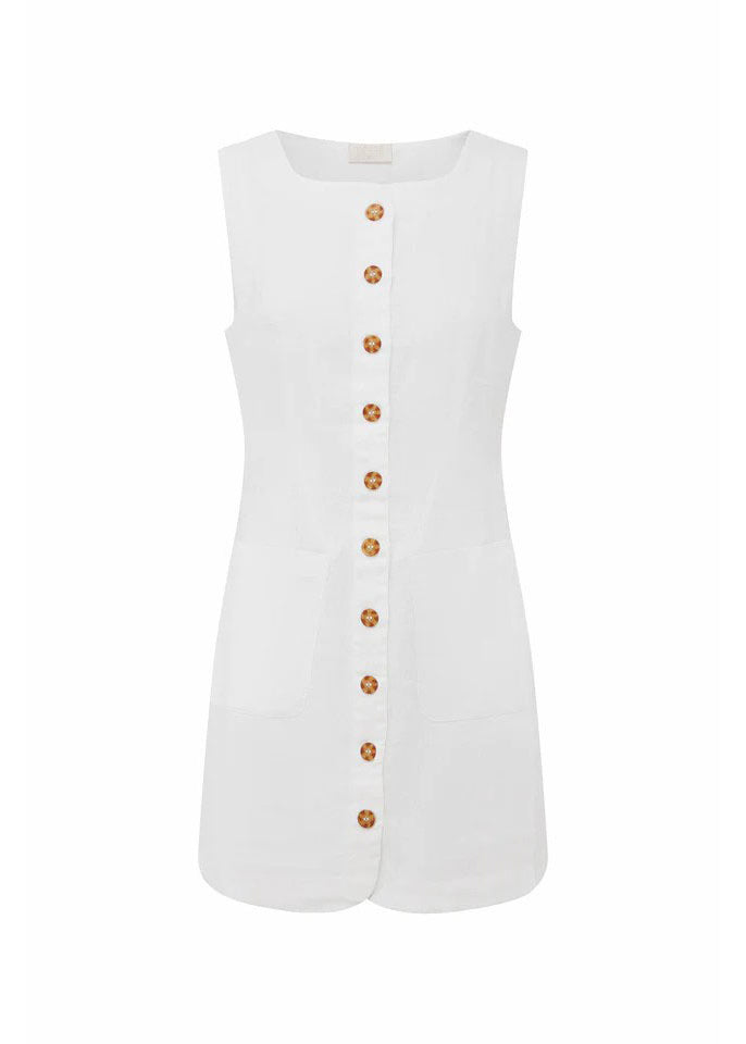 New White Button Cotton Mini Dress Sleeveless