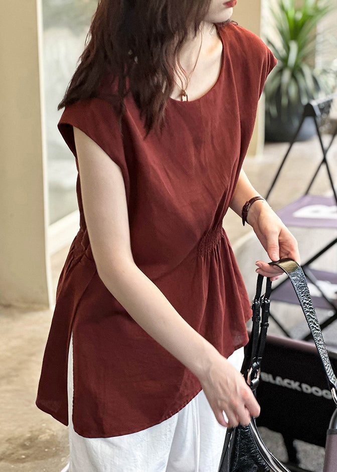 Red O Neck Cotton Tops Summer