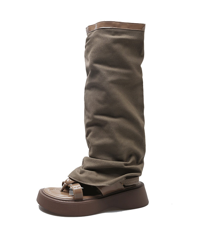 Khaki Platform Denim Hollow Out Thong Sandals Boots