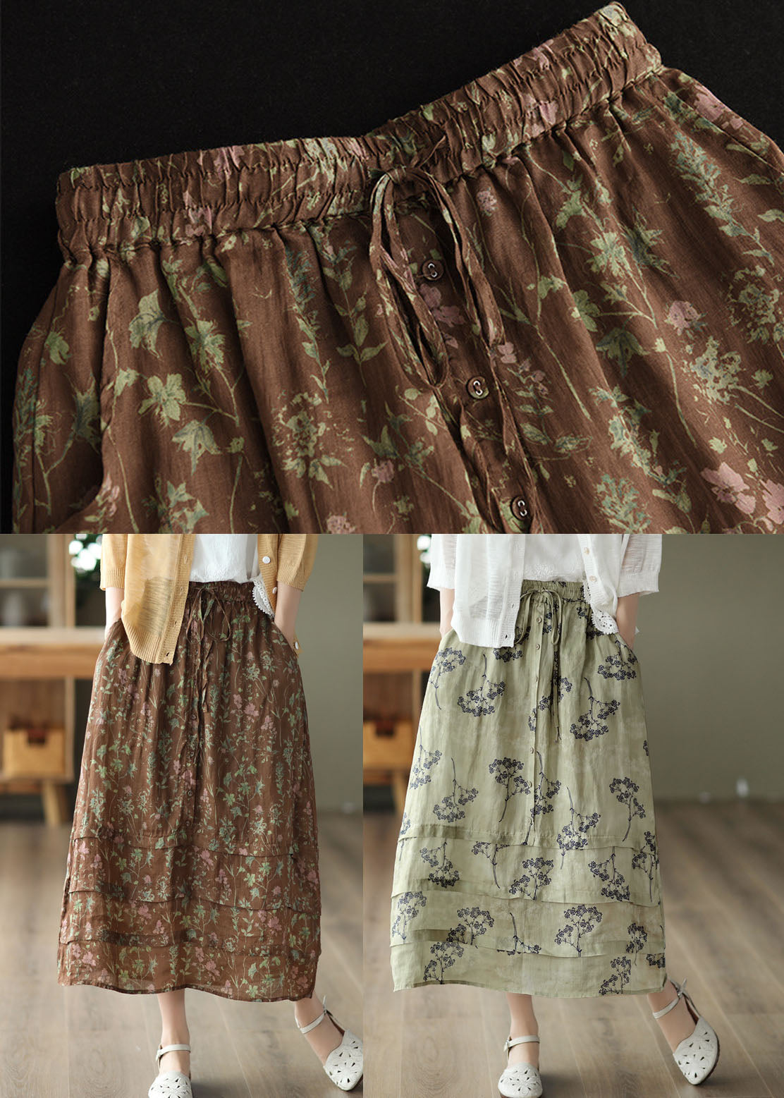 Light Green High Waist Patchwork Print Linen Skirt Summer