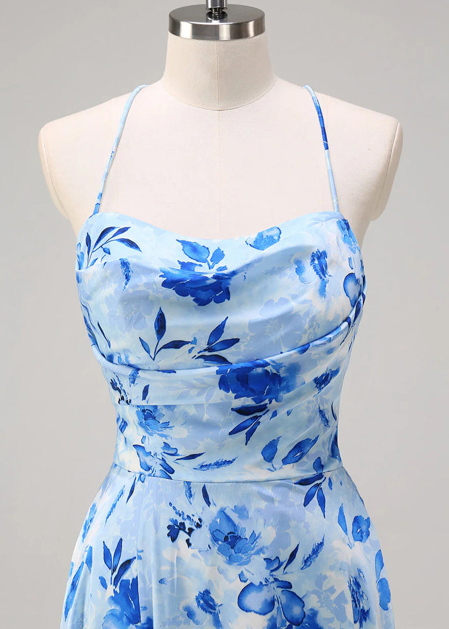 Blue Print Side Open Cotton Spaghetti Strap Dress Sleeveless
