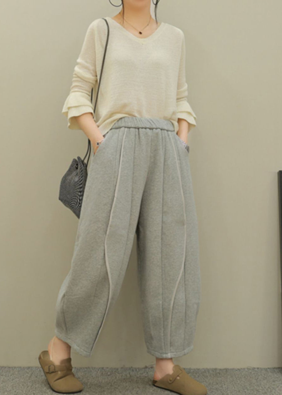 Grey Pockets Elastic Waist Patchwork Cotton Pants Fall