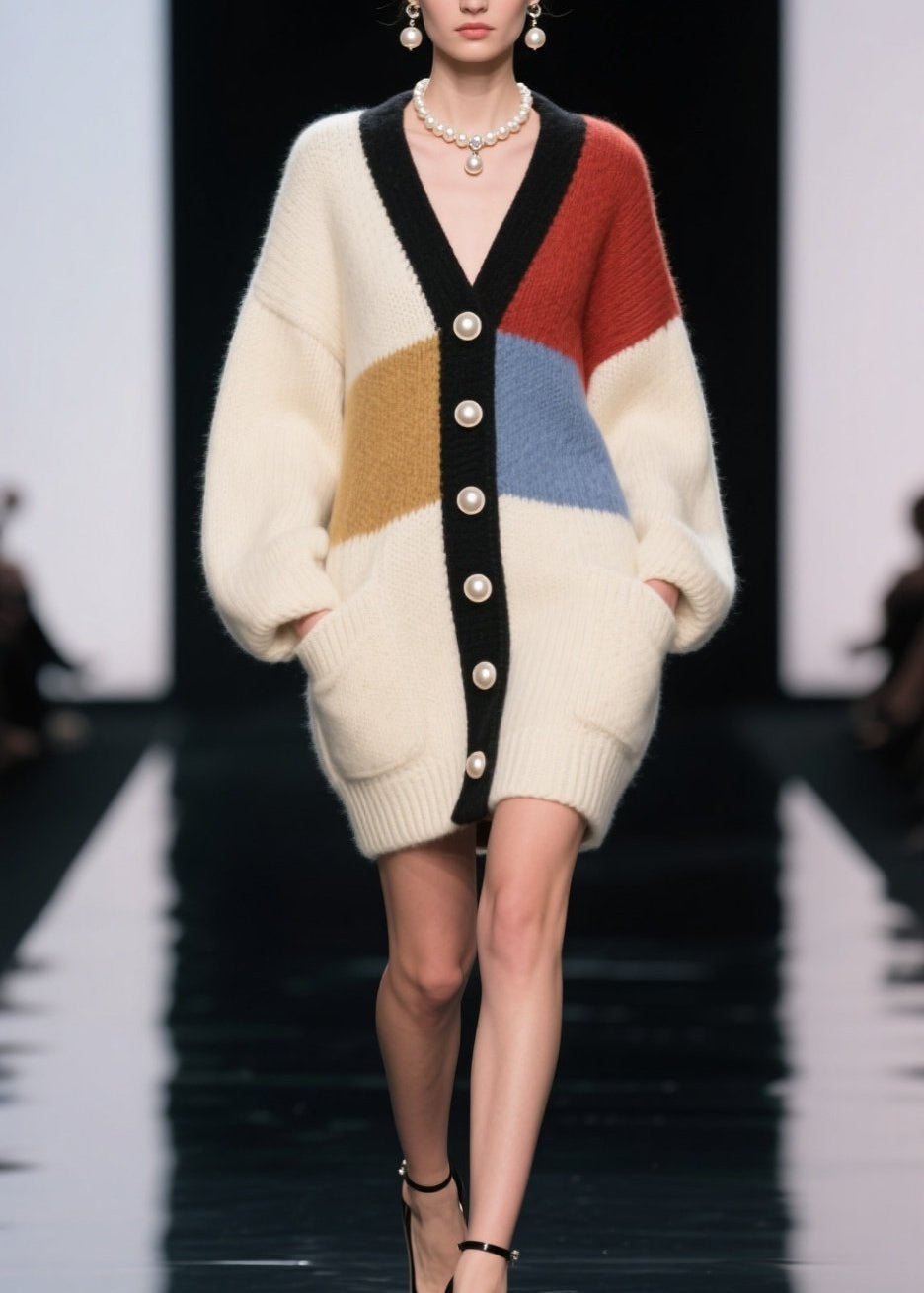 Colorblock V Neck Button Patchwork Knit Cardigan Fall