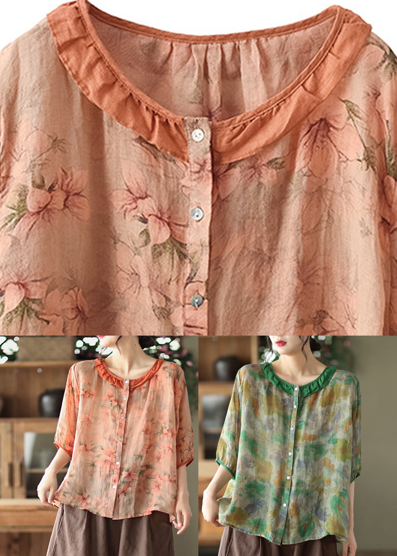 Green Ruffled Print Ramie Top Half Sleeve