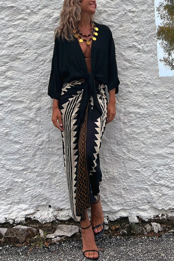 Astra Print High Waist Ruched Wrap Maxi Skirt