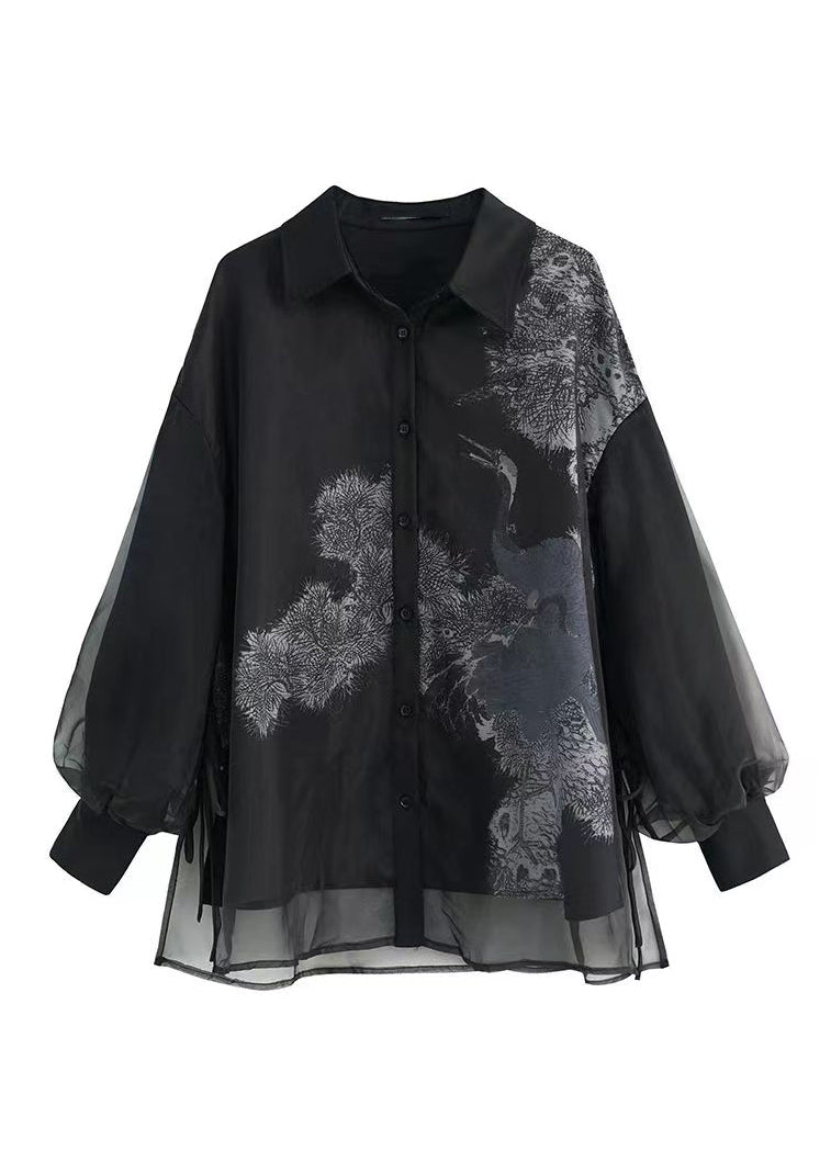 Black Peter Pan Collar Print Tulle Patchwork Silk Shirts Long Sleeve