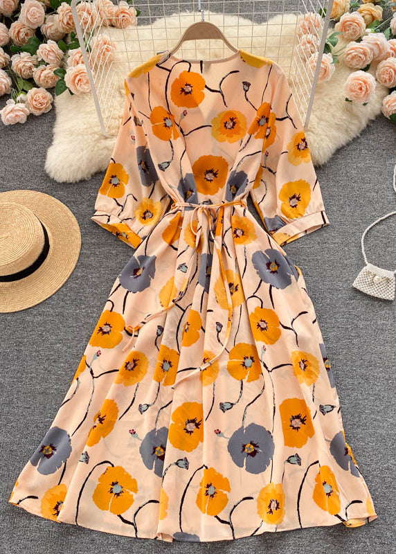 Black V Neck Print Chiffon Dresses Half Sleeve