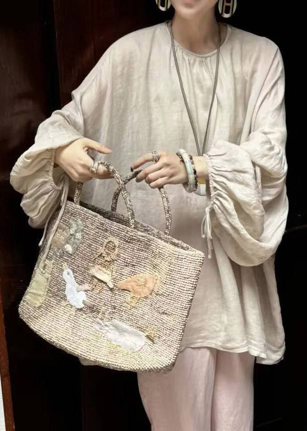 Loose Beige O-neck Top Lantern Sleeve