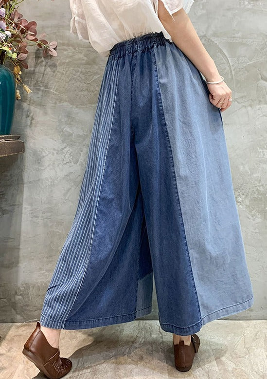 Drawstring Elasticity Plaid Split-joint Ninth Denim Pants