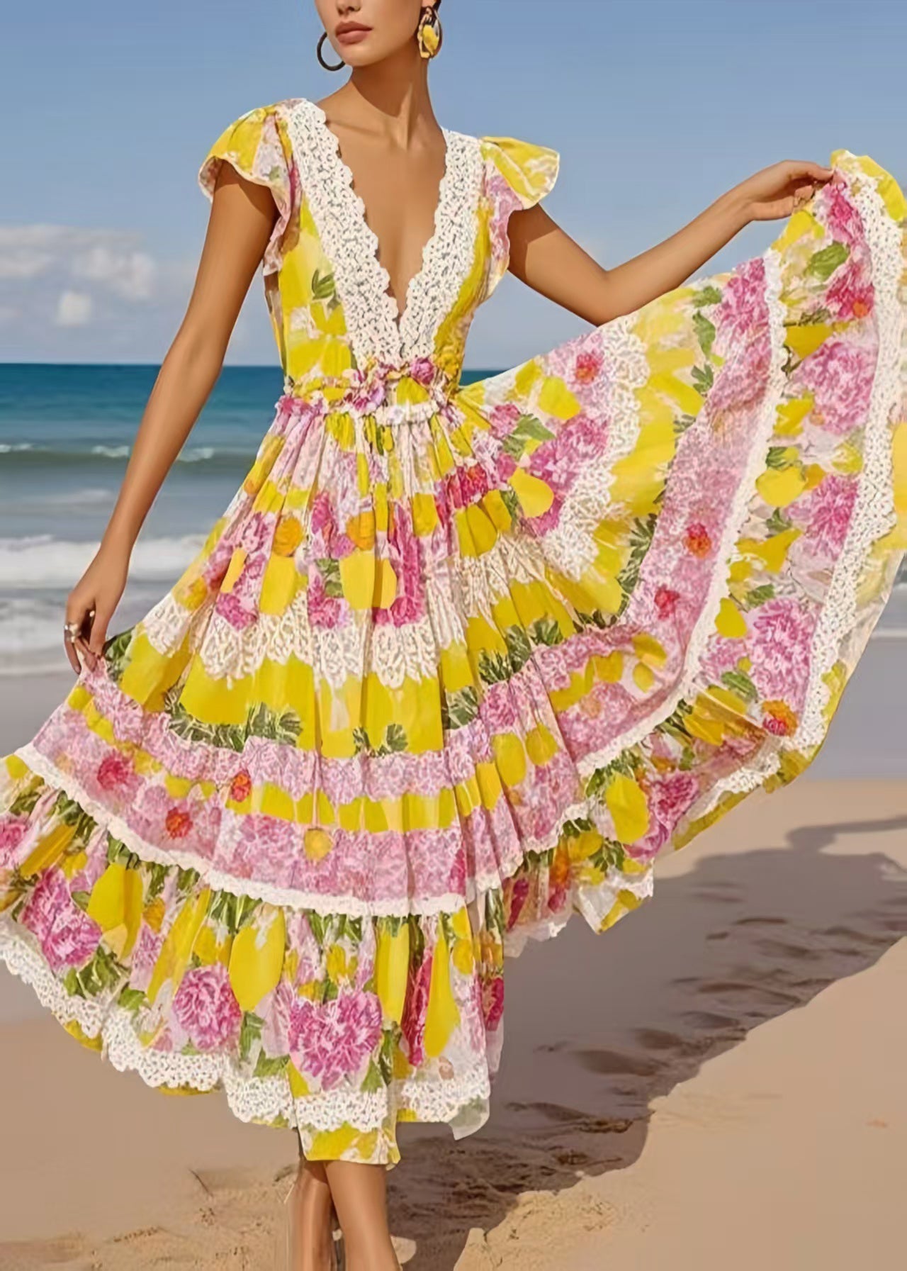 Yellow Print Exra Large Hem Cotton Sundress Sleeveless