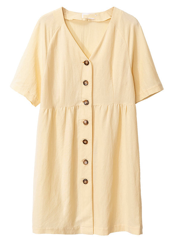 Stylish Yellow V Neck Button Linen Mid Dress Summer