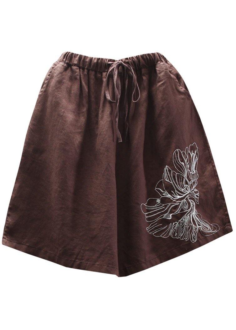Art Chocolate Embroidered Tie Waist Linen Hot Pants