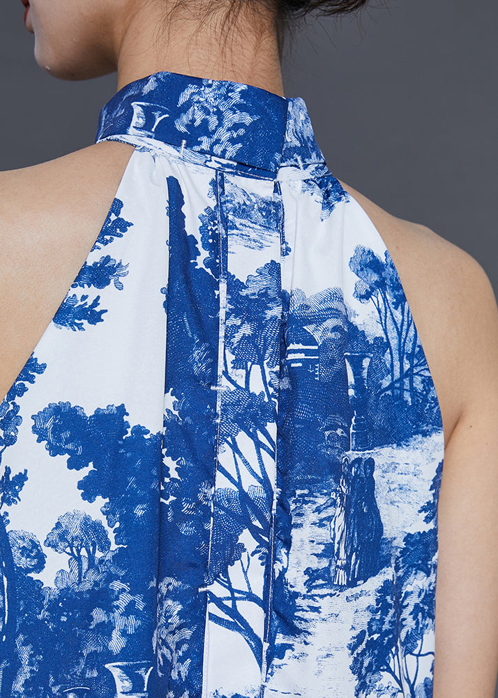 Modern Blue Cold Shoulder Print Cotton a Line Dress Summer
