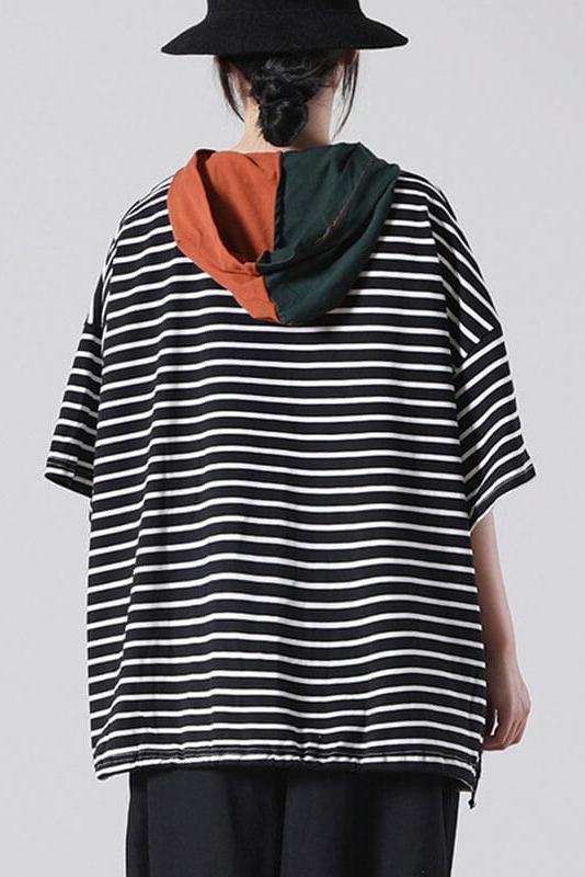 Color Patchwork Stripes Pocket Cinched Hooded T-shirt