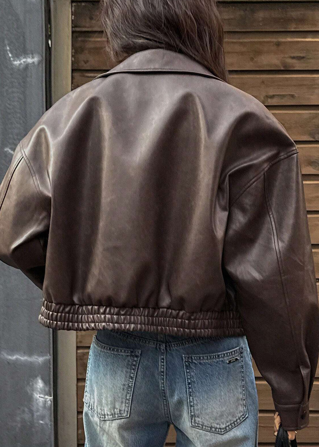 Fitted Brown Zip Up Pockets Faux Leather Coat Outwear Fall