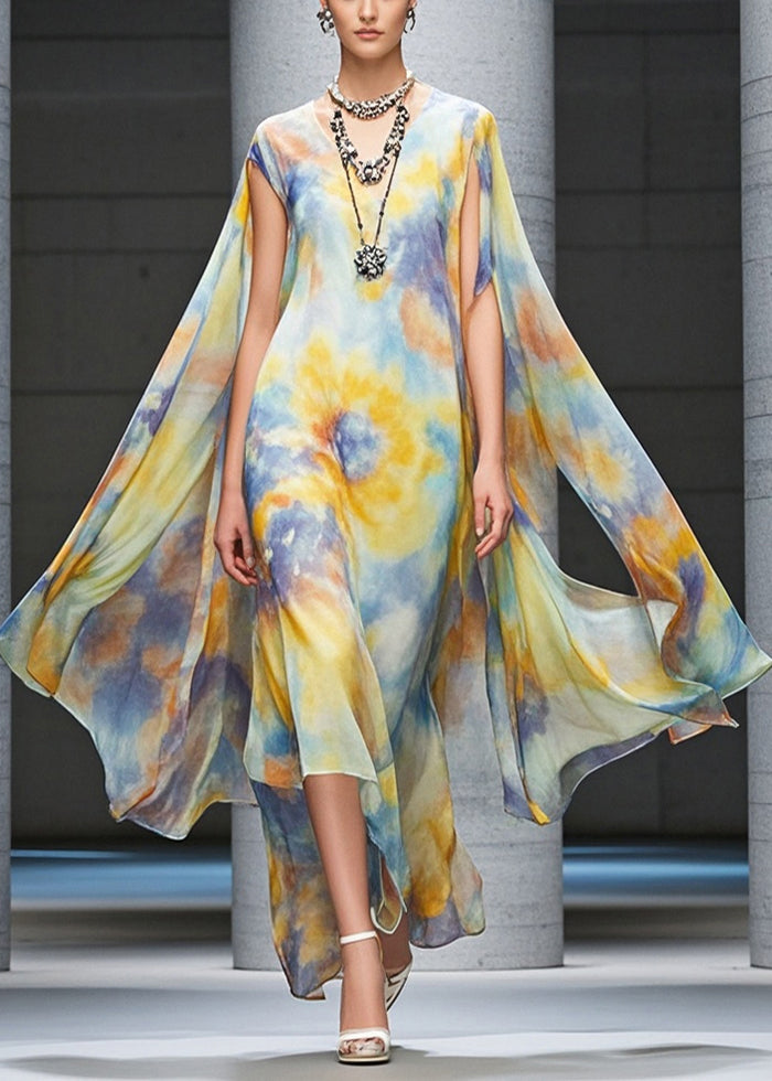 Yellow Asymmetrical Tie Dye Chiffon Beach Dress Summer