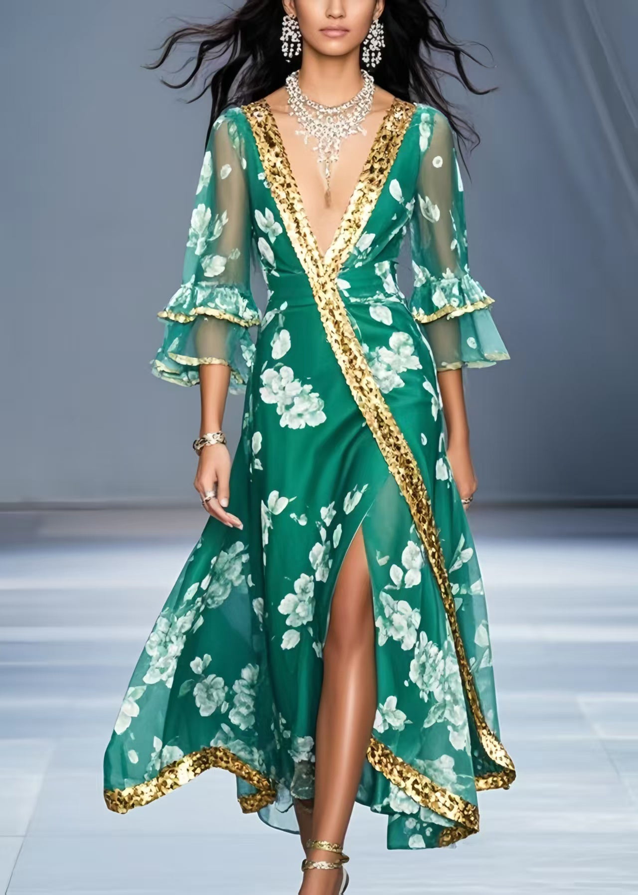 Green V Neck Print Chiffon Holiday Dress Flare Sleeve
