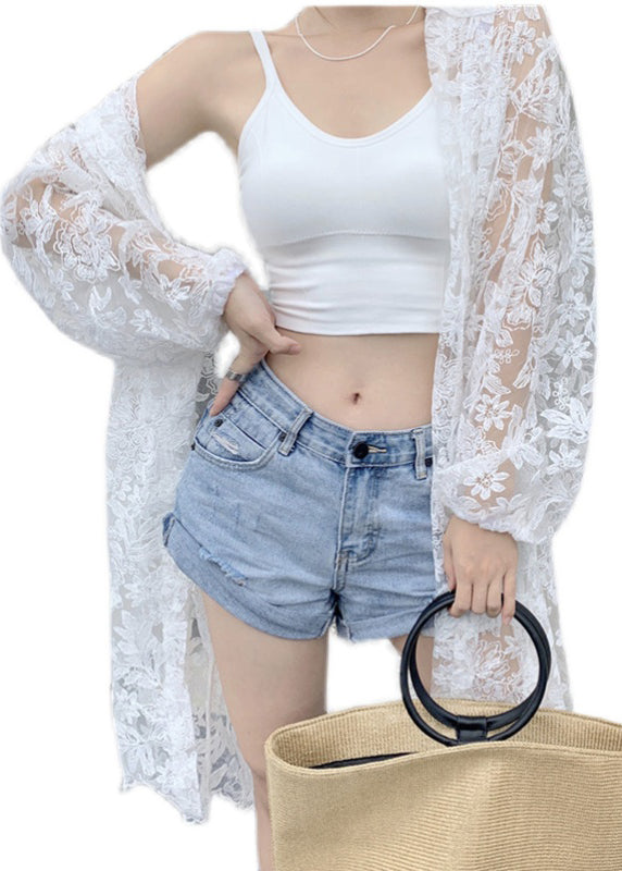 White Embroideried Hooded Tulle Cardigans Summer