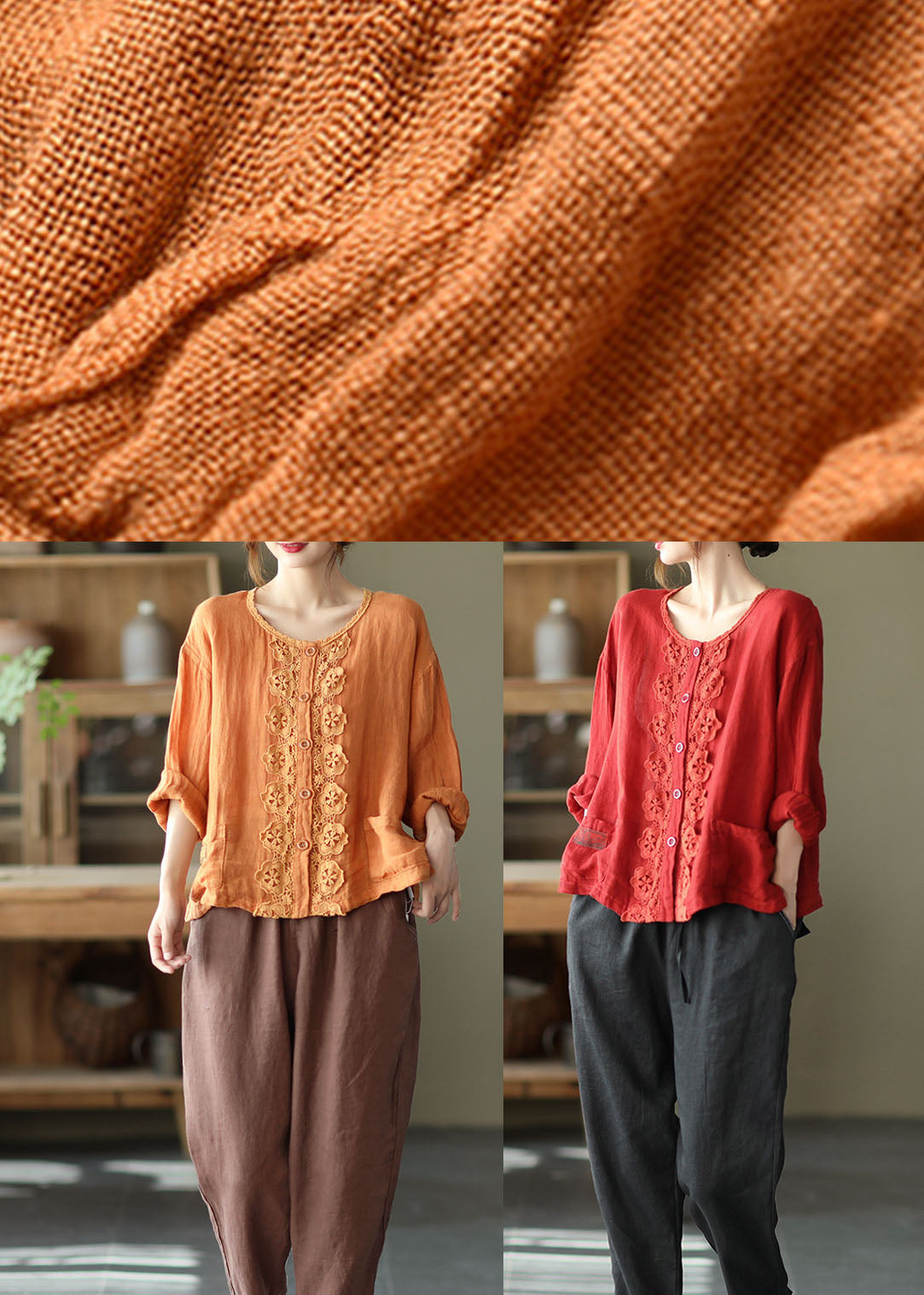 Red Retro Button Pockets Loose Fall Top