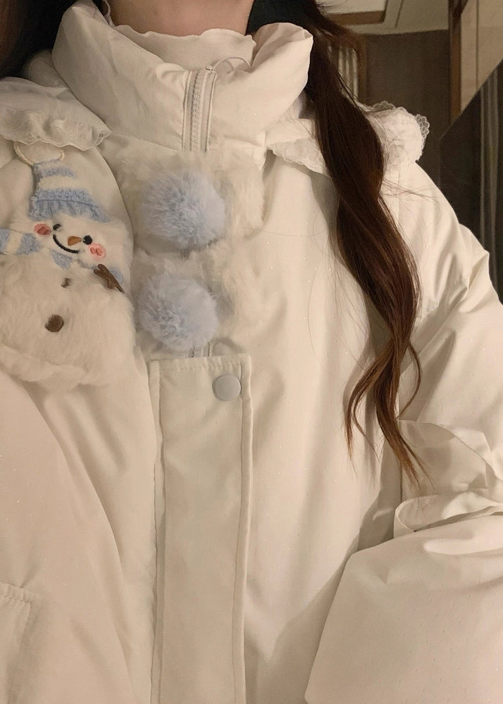 White Hooded Pockets Fine Cotton Filled Jacket Winter