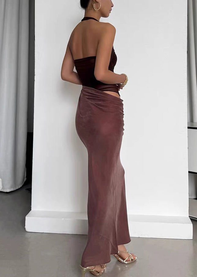 Brown Lace Up Tulle Patchwork Long Dress Sleeveless