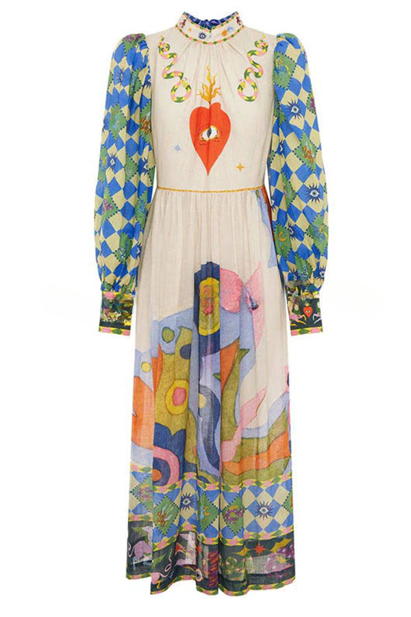 Dear to My Heart Unique Print Lantern Sleeve A-line Midi Dress