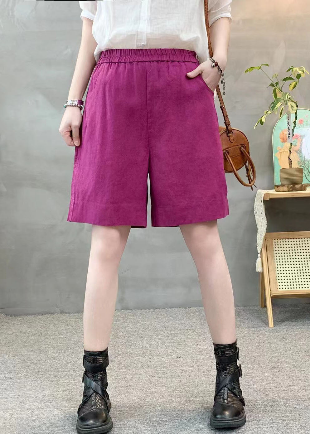 Purple Oversized Pockets Linen Shorts Pants Summer