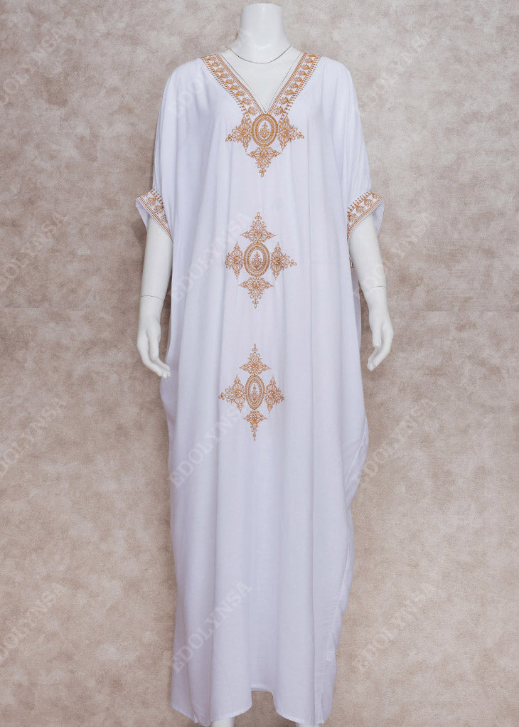Gold Embroidered Kaftan Retro V Neck White Dress