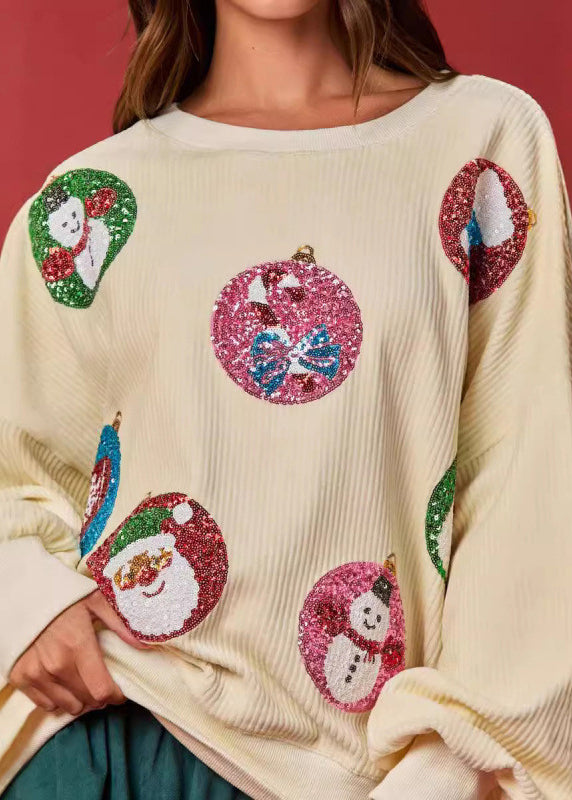 Apricot O Neck Sequins Corduroy Sweatshirts Winter