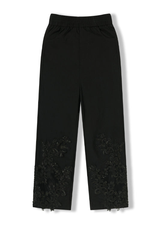 Black Embroidered Elastic Waist Cotton Crop Pants Summer