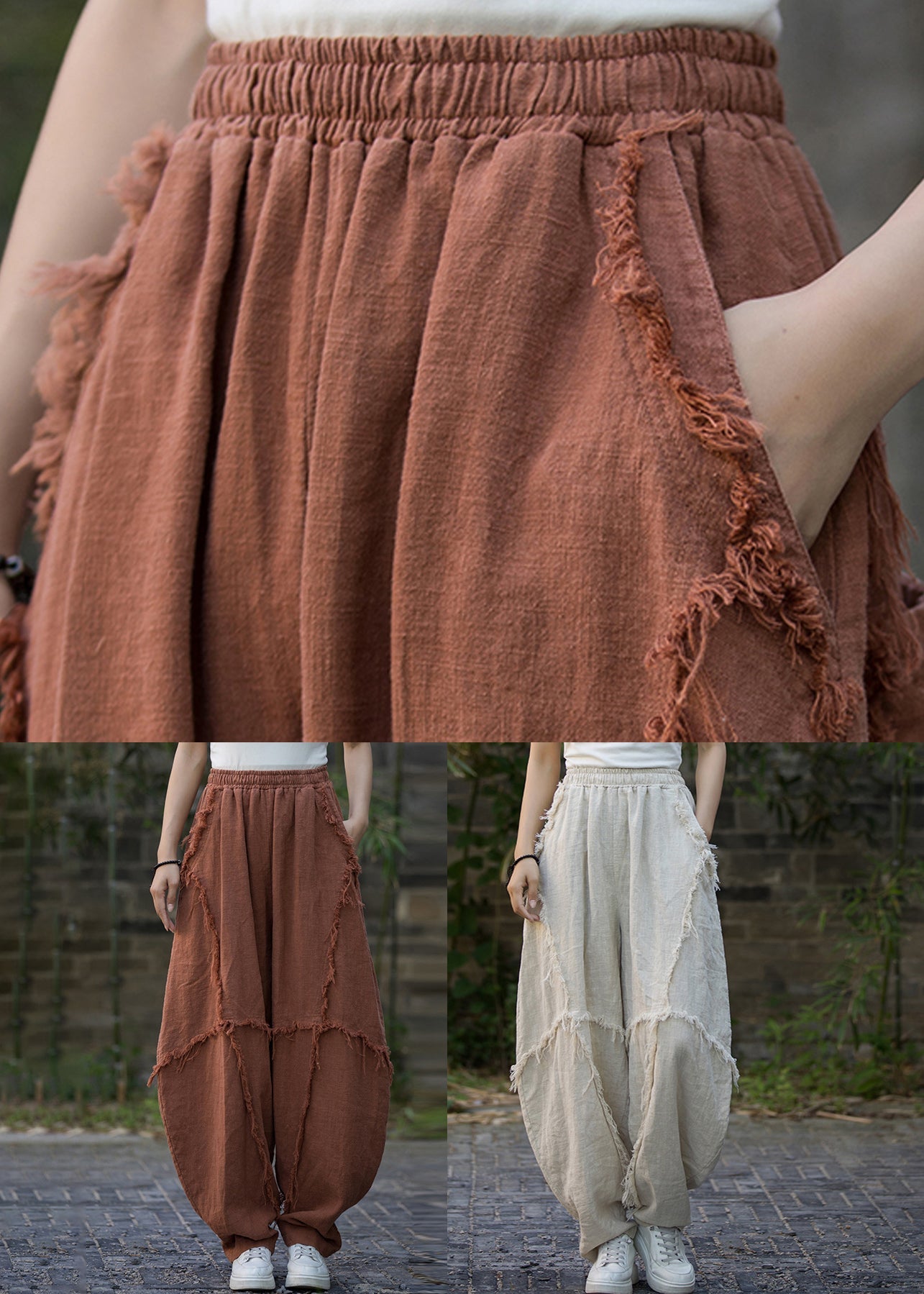 Linen Pockets Linen Lantern Pants Elastic Waist
