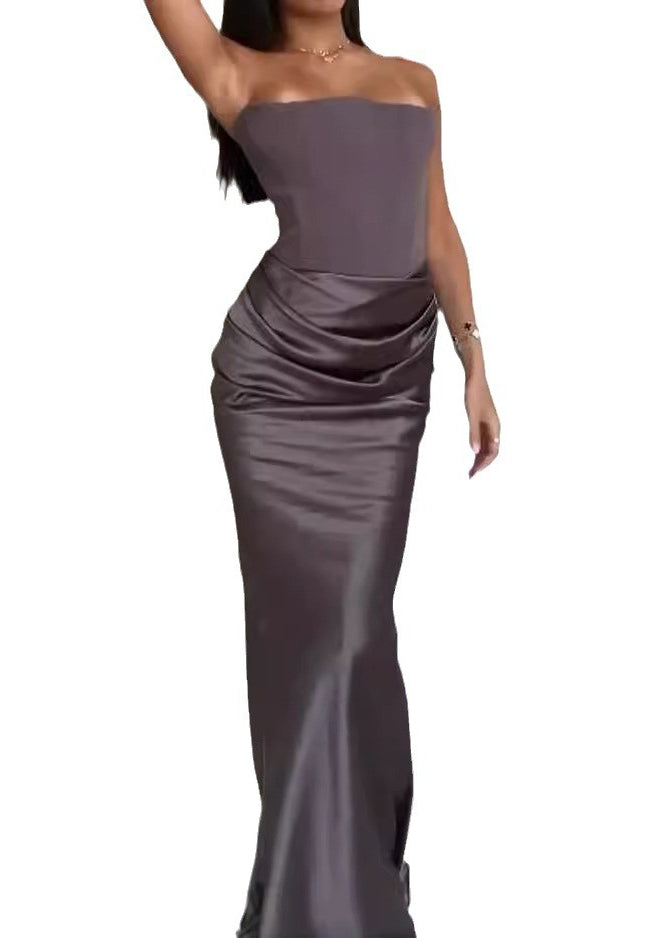 Stylish Brown Cold Shoulder Patchwork Silk Maxi Dress Sleeveless