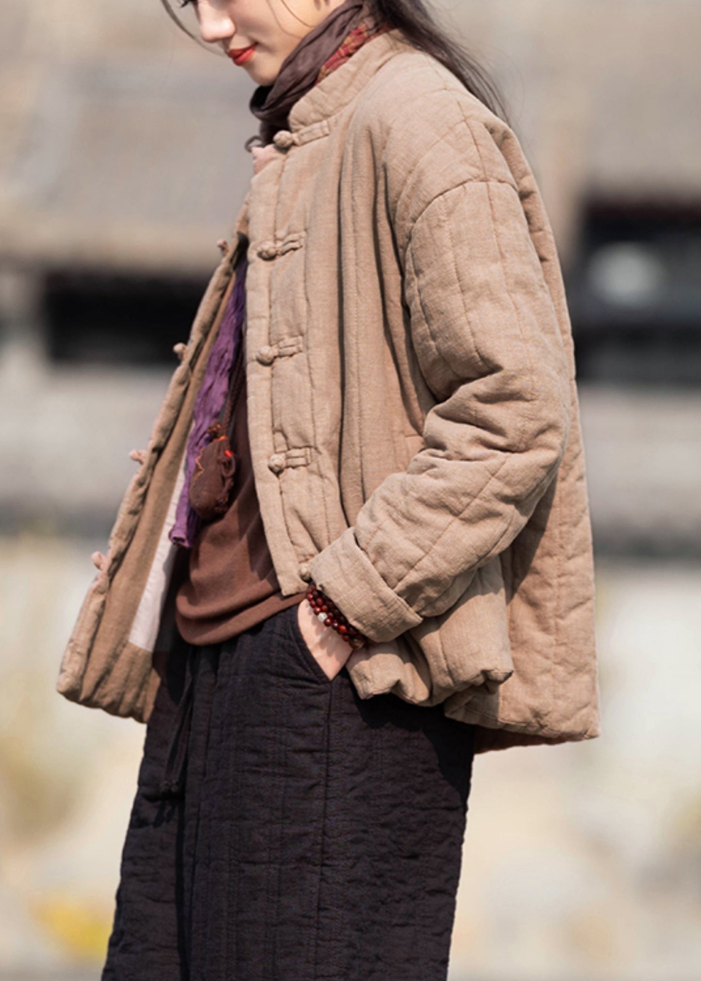 Khaki Stand Collar Button Pockets Cotton Filled Parkas Winter