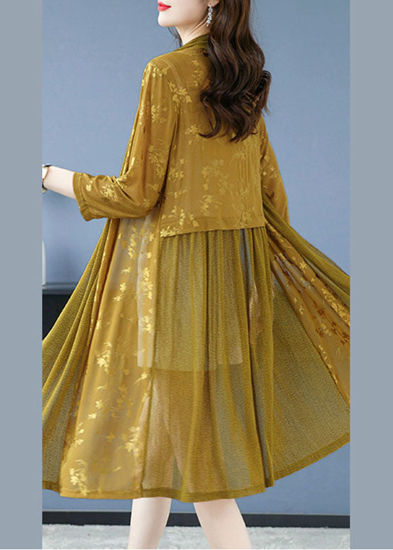 Yellow Print Patchwork Maxi Ice Size Chiffon Cardigans Long Sleeve