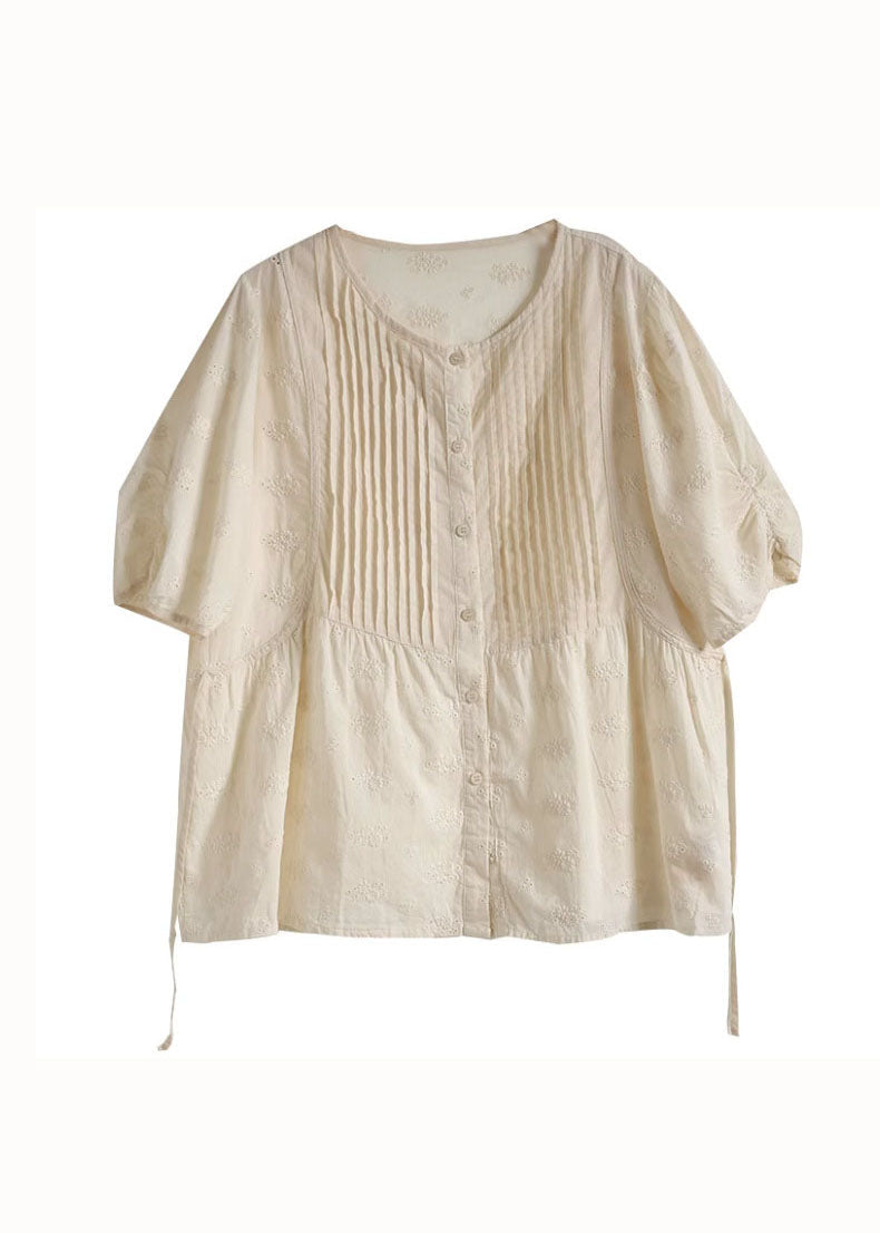 Unique Apricot Hollow Out Embroidered Wrinkled Patchwork Cotton Top Summer
