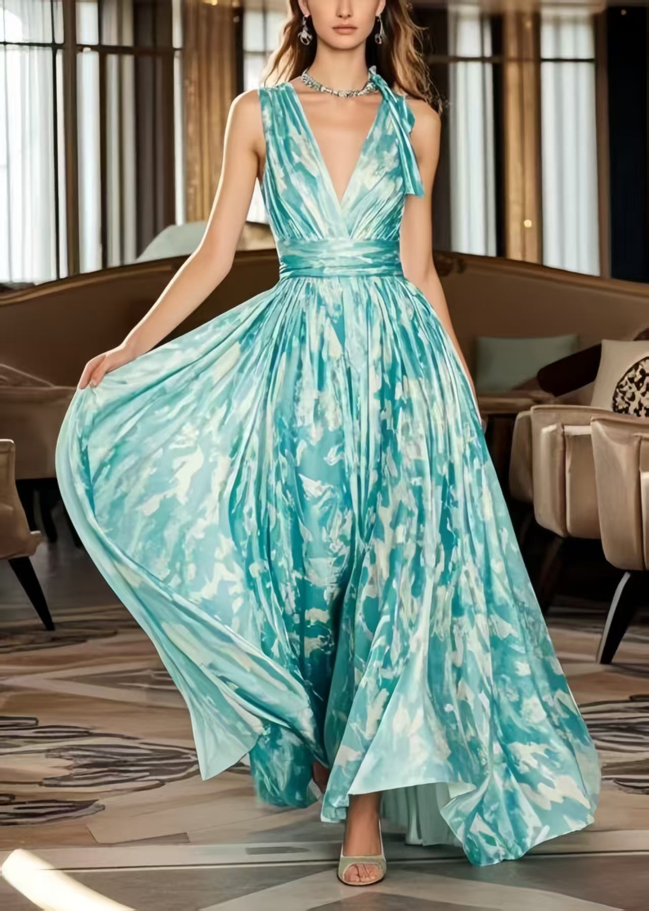 Blue Exra Large Hem Print Chiffon Holiday Dress Summer