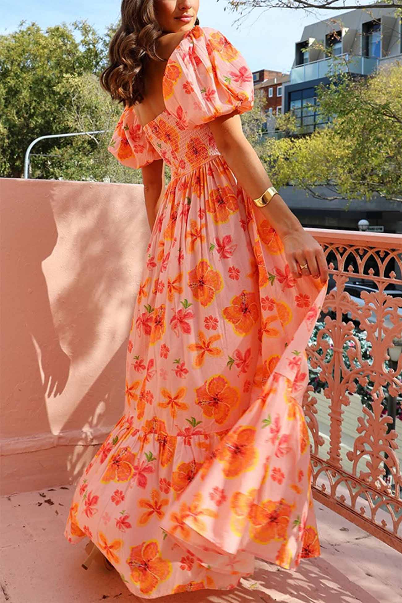 Puff Sleeve Printed A-line Shirred Dress