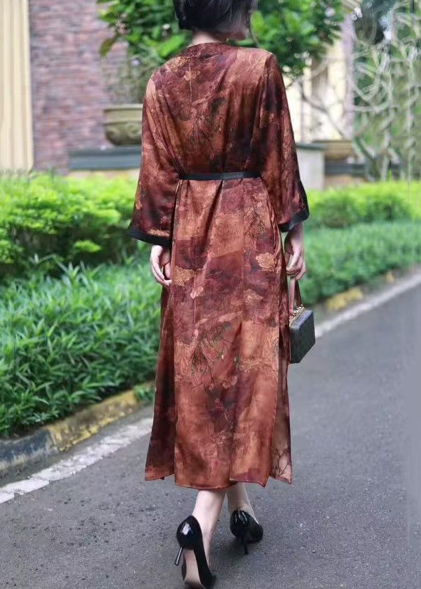 Loose Brown Print Lace Up Silk Long Dresses Spring