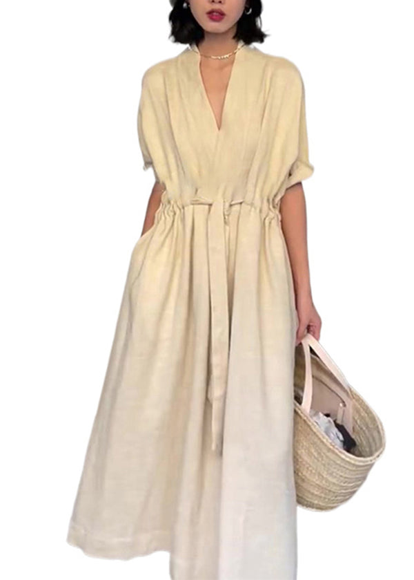 White V Neck Drawstring Pockets Cotton Dress Summer