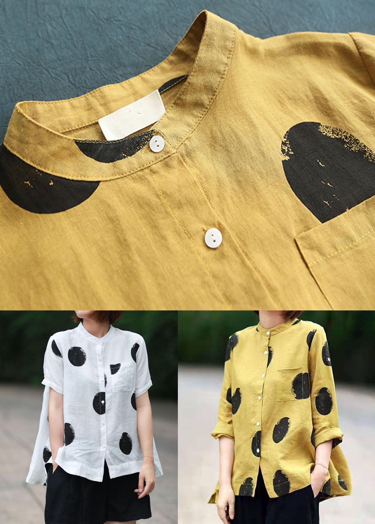 Diy White Stand Collar Dot Print Patchwork Linen Blouses Summer